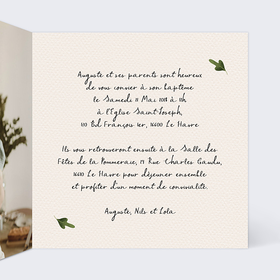 Faire-part baptême Joli Renard Intérieur Droit