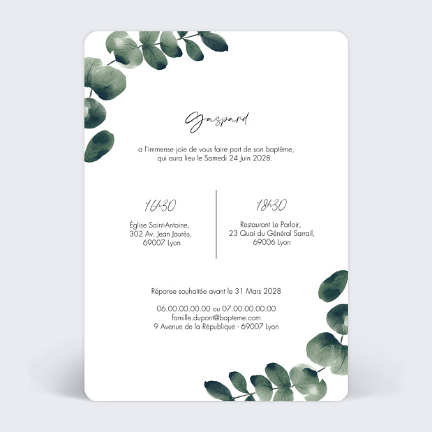 Faire-part Baptême Branche d'Eucalyptus Verso