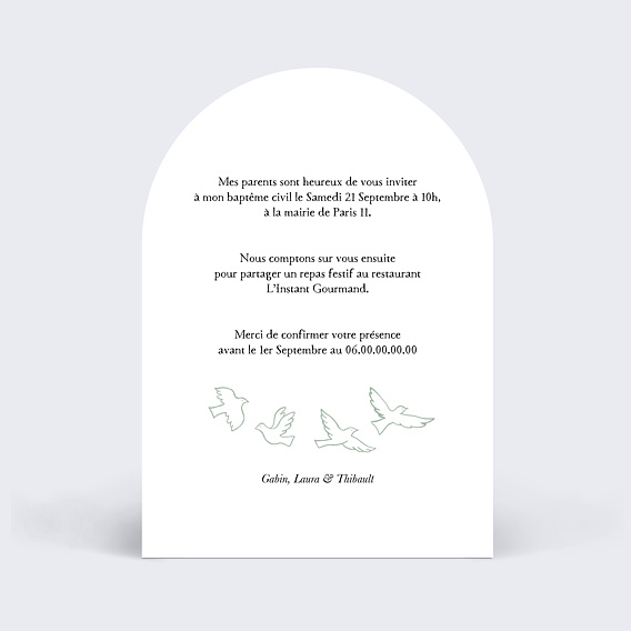Faire-part baptême Dessin Colombe Verso