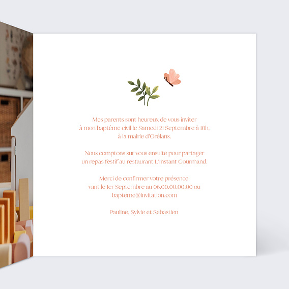 Faire-part baptême Papillon Rose Intérieur Droit