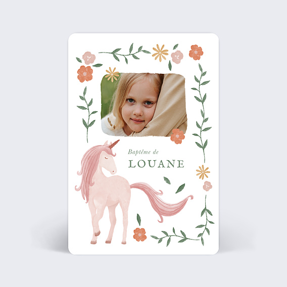 Faire-part Baptême Licorne Fleurie