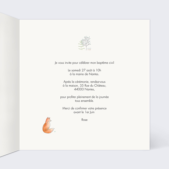 Faire-part baptême Couronne Renard Intérieur Droit