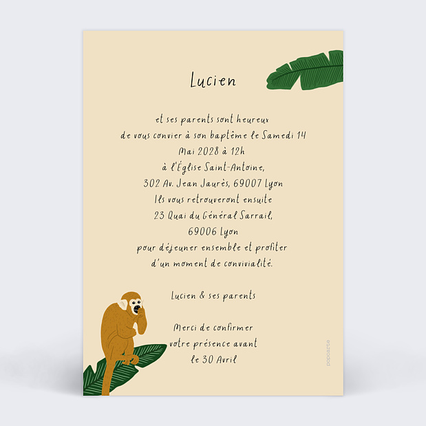 Faire-part Baptême Singes Verso