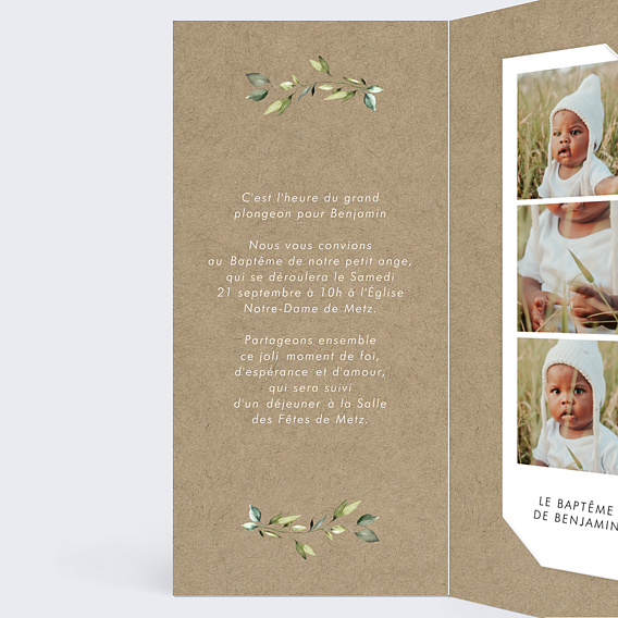 Faire-part baptême Nature kraft cadre Intérieur Gauche