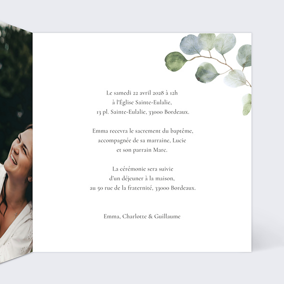 Faire-part baptême Couronne Eucalyptus vert Intérieur Droit
