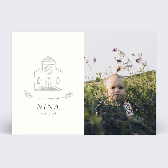 Faire-part baptême Église Florale Recto