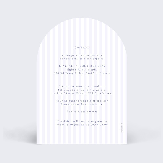 Faire-part baptême Ourson Rayé Verso