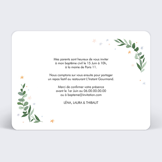 Faire-part baptême Licorne Pastelle Verso