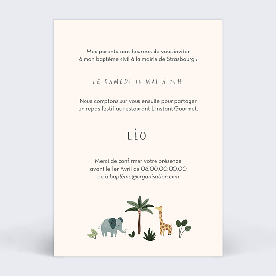 Faire-part baptême Jungle Calendrier Verso