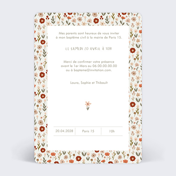 Faire-part baptême Liberty Terracotta Verso