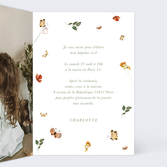 Faire-part baptême Papillon Champêtre Intérieur Droit