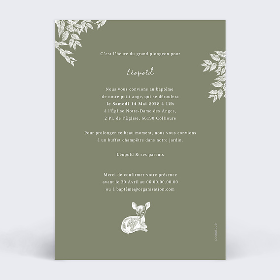 Faire-part baptême Douce Forêt Verso