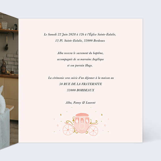 Faire-part Baptême Carrosse Rose