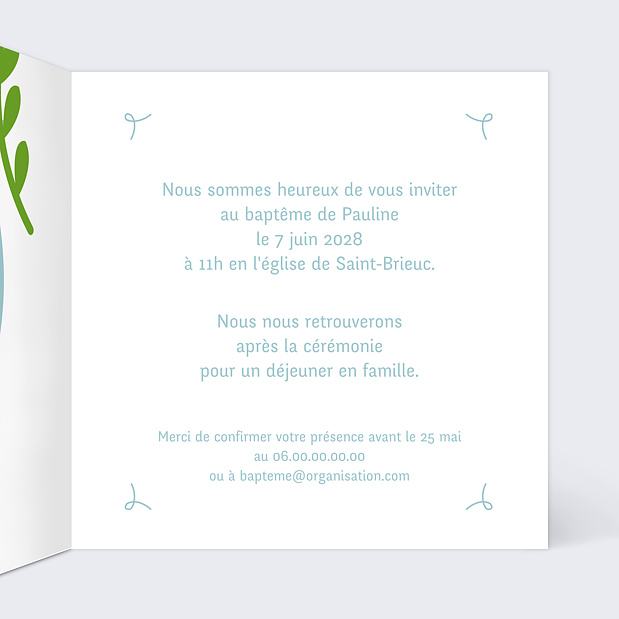 Faire-part de Baptême Colombe Intérieur Droit