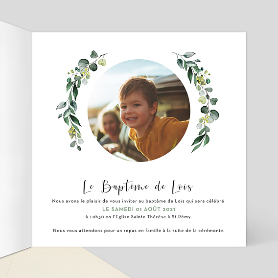Faire-part baptême Découpe Eucalyptus Intérieur Droit