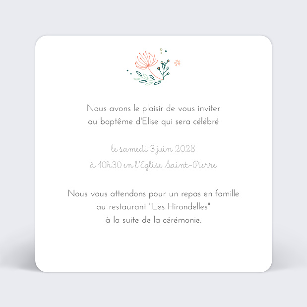 Faire-part de baptême couronne de fleurs Verso