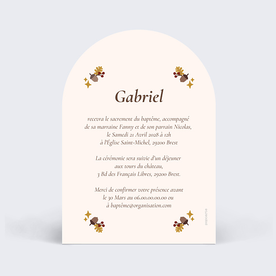 Faire-part baptême Bois magique Verso