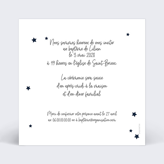 Faire-part baptême Etoiles marines Verso