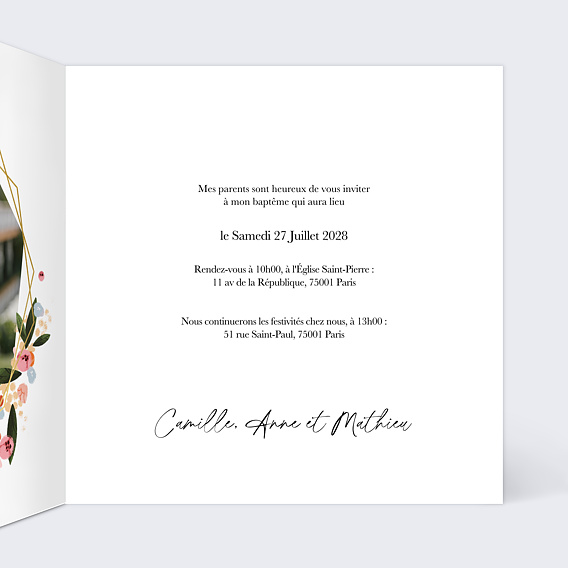 Faire-part baptême Hexagone Champêtre Intérieur Droit