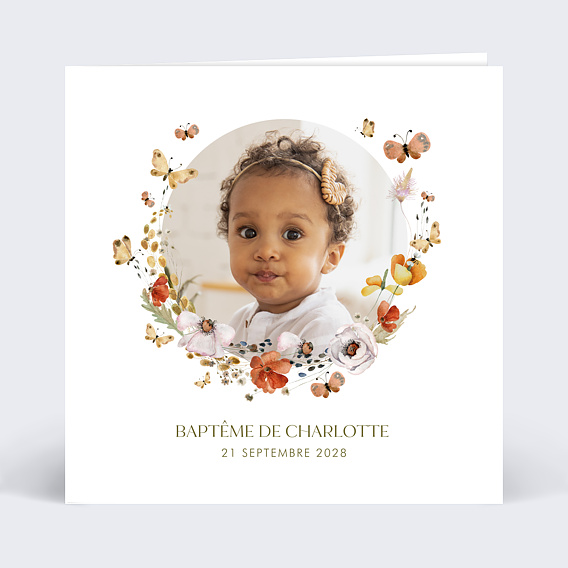 Faire-part baptême Papillon et Fleurs