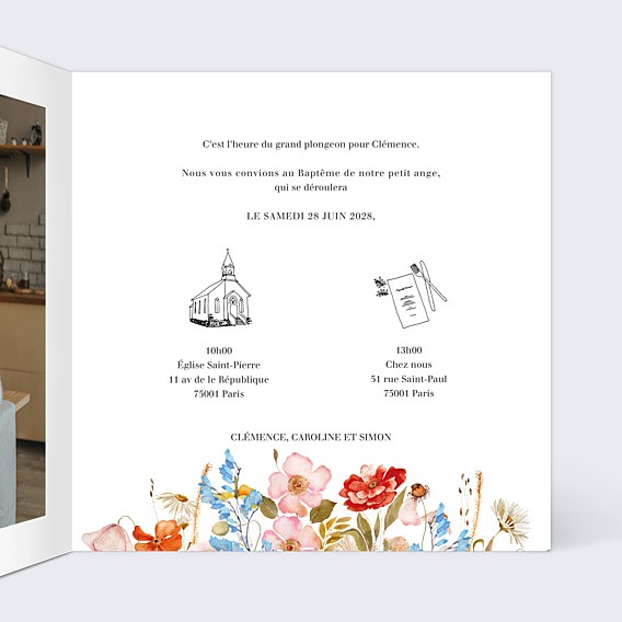Faire-part Baptême Éveil des Fleurs