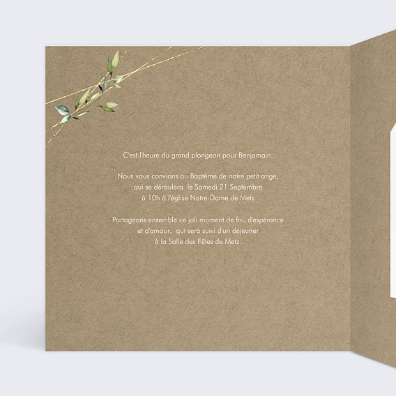 Faire-part baptême Nature Kraft Graines Intérieur Gauche