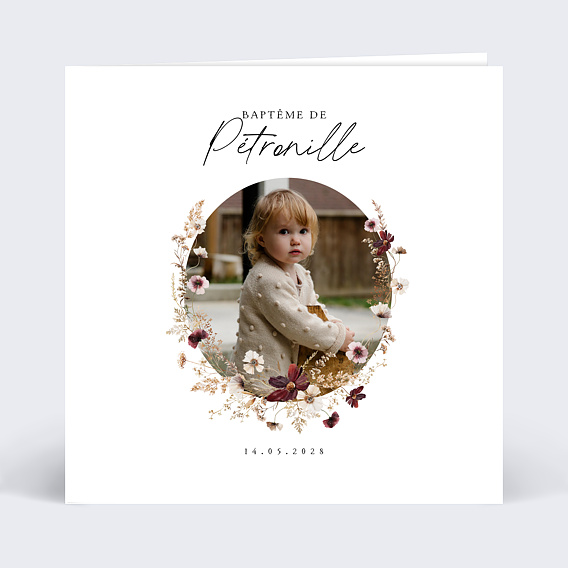 Faire-part baptême Couronne de Fleurs Graines Recto