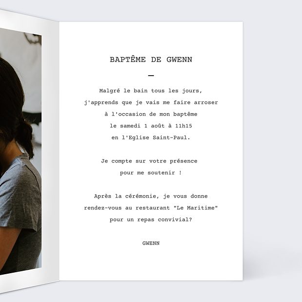 Faire-part de baptême Polaroid Simple Intérieur Droit