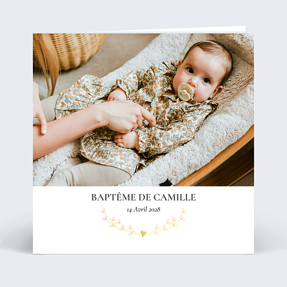 Faire-part Baptême Coeur Bucolique Fleur