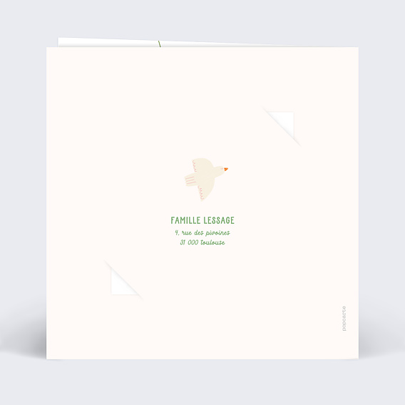 Faire-part baptême Colombe Fleurie Graines Verso