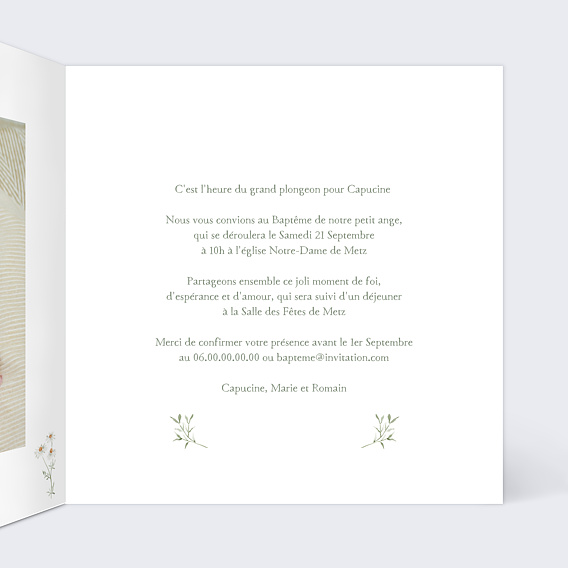 Faire-part baptême Champêtre Blanc Intérieur Droit