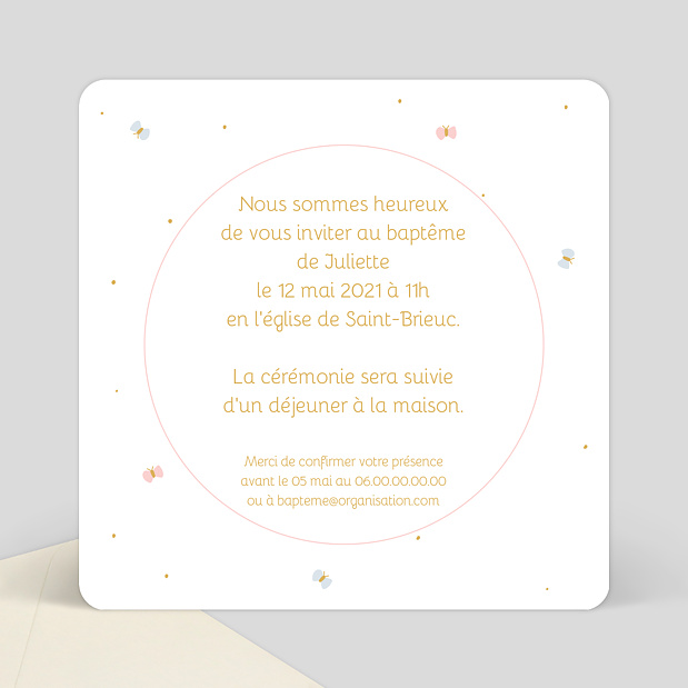 Faire-part de baptême douce cigogne Verso
