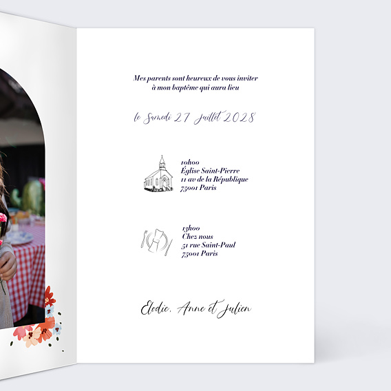 Faire-part baptême Arche Champêtre Intérieur Droit