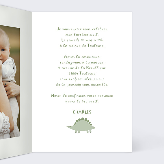 Faire-part baptême Dinosaure Intérieur Droit