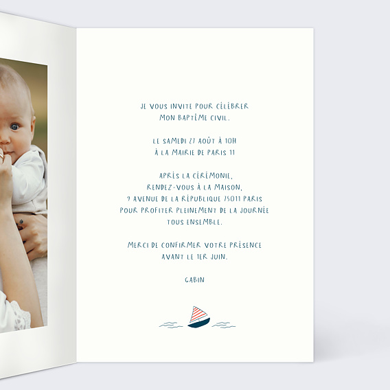 Faire-part baptême Motif Marin Intérieur Droit
