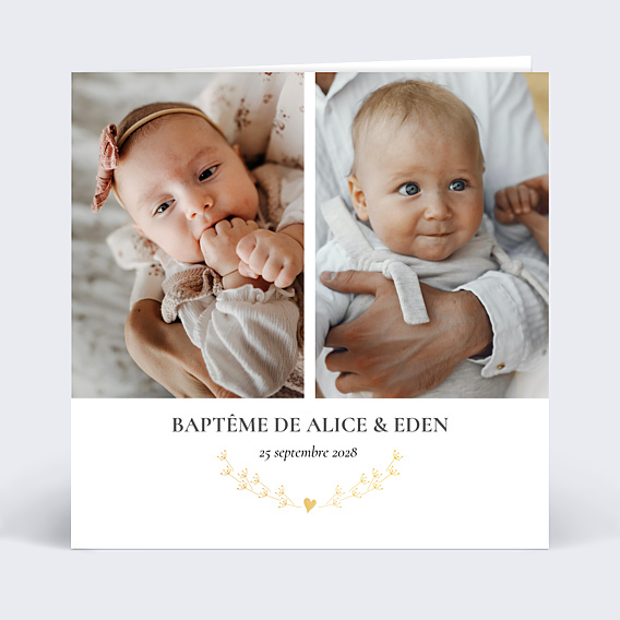 Faire-part Baptême Coeur Bucolique Multi