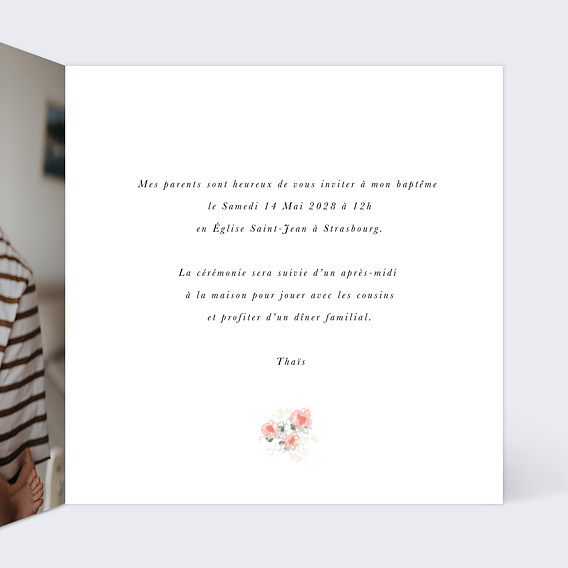 Faire-part baptême Couronne Ovale Fleurie Intérieur Droit