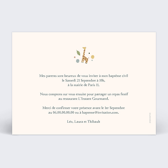 Faire-part baptême Mobile Jungle Verso