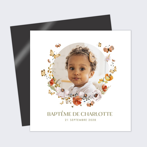Faire-part baptême Papillon et Fleurs