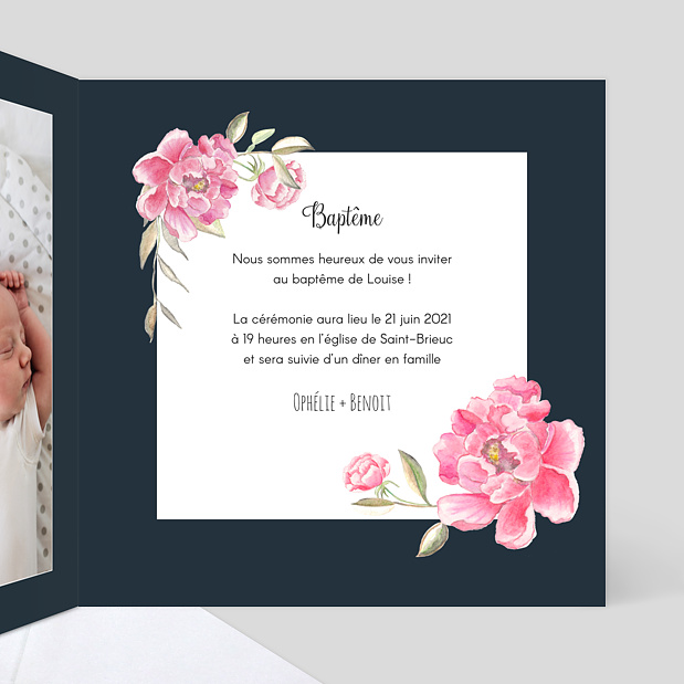 Faire-part de Baptême Dark Peony Simple Intérieur Droit