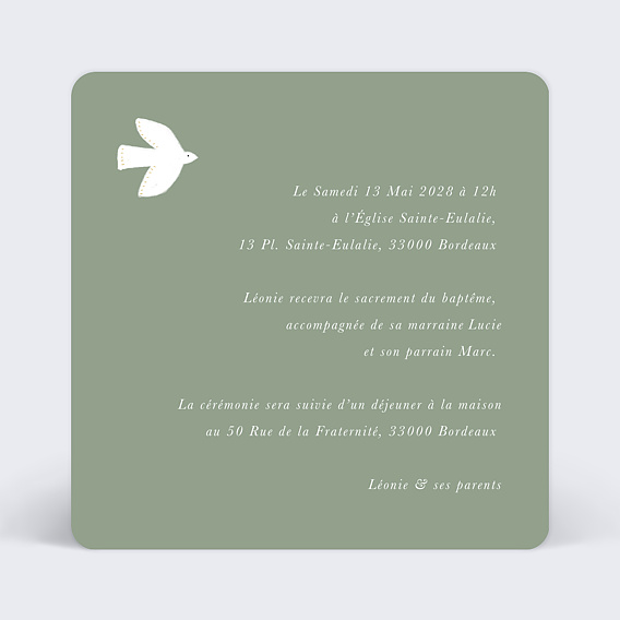 Faire-part baptême Colombe Photo Verso