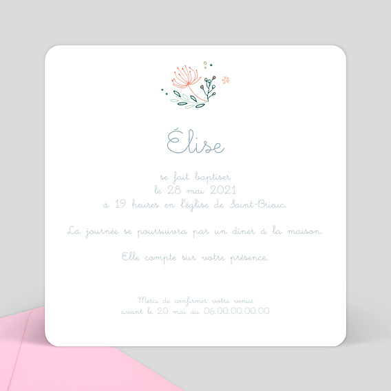 Faire-part baptême Couronne fleurie Verso