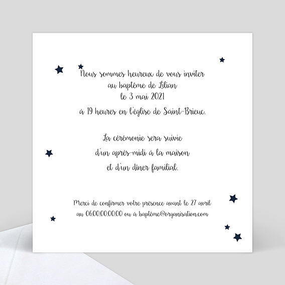 Faire-part baptême Etoiles marines Verso