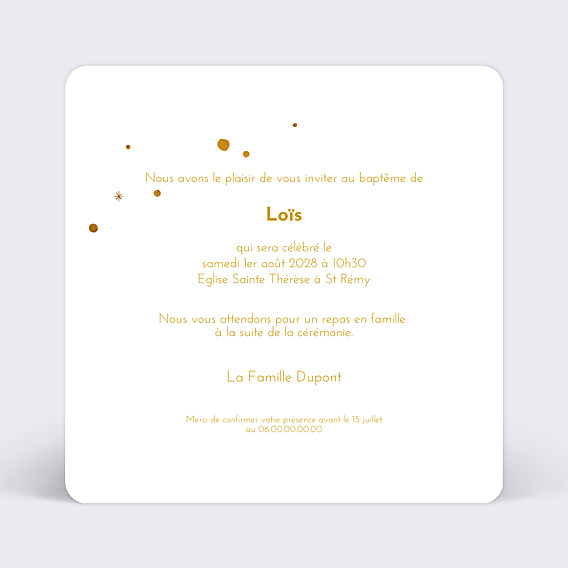 Faire-part baptême Golden Dots Verso