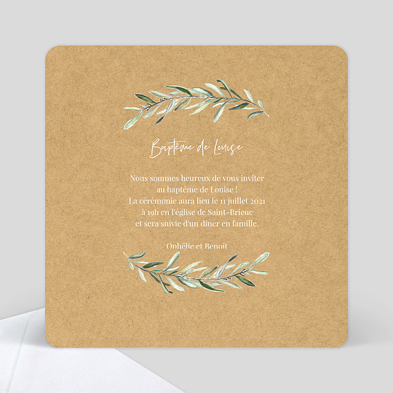 Faire-part baptême Lauriers Simple Verso