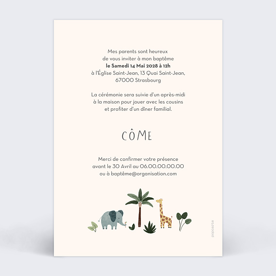 Faire-part baptême Petite Jungle Verso