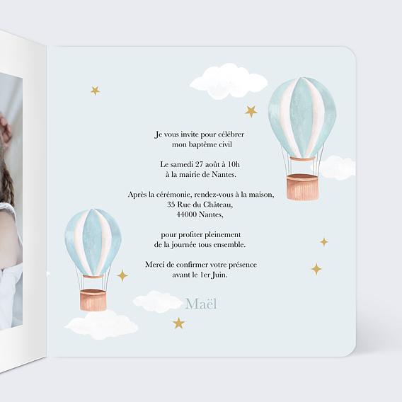 Faire-part baptême Ciel et Montgolfières Intérieur Droit