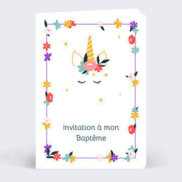 Faire-part Baptme Licorne et Fleurs