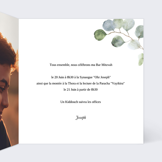 Faire-part bar mitzvah Couronne Ocre Eucalyptus Intérieur Droit