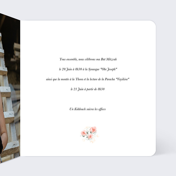 Faire-part bar mitzvah Couronne Ovale Fleurie Intérieur Droit